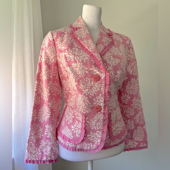 Sigrid Olsen Pink & Ivory Floral Print Linen Blend Single Breasted Blazer - Picture 2 of 9